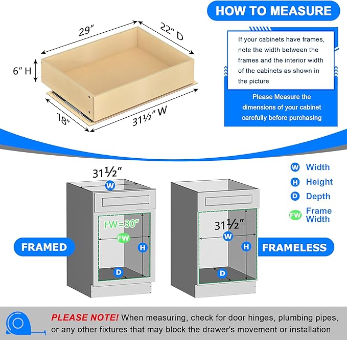 WelFurGeer Soft Close Pull Out Cabinet Organizer, 29" W x 22" D Heavy-Duty Pull-Out Cabinets Drawers, Smooth Slide-Out Shelf for Kitchen Cabinets, Space-Saving Cabinet Organizer with Easy Installation
