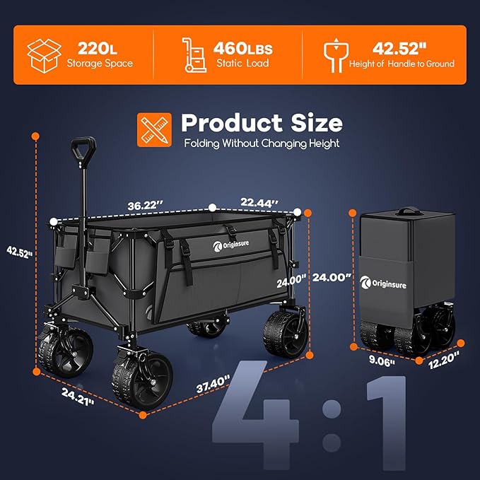 220L Collapsible Wagon Cart Foldable, 460lbs Load Capacity Heavy Duty Folding Beach Wagons with Big All-Terrain Wheels, Utility Carts for Groceries, Shopping, Camping, Sports - Grey
