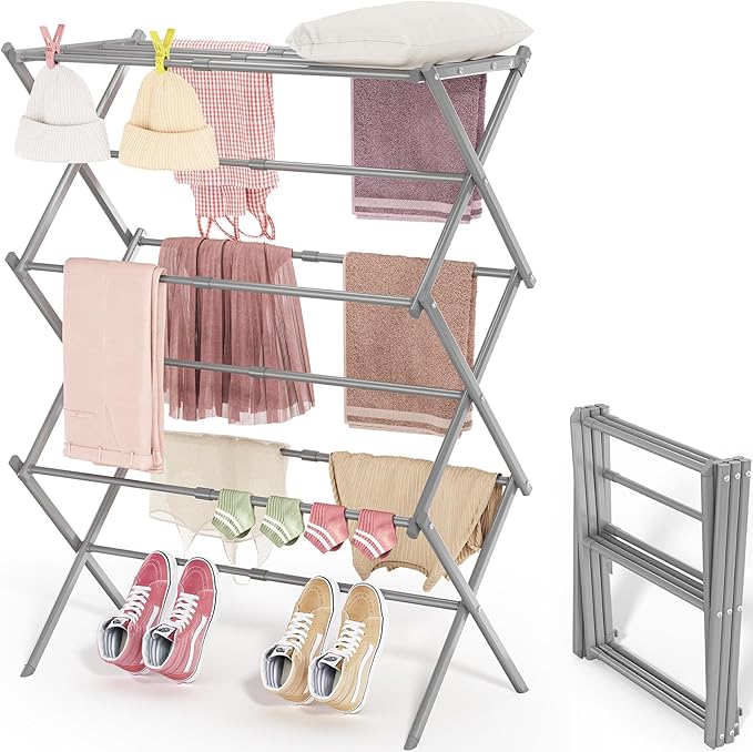 APEXCHASER Clothes Drying Rack, 3-Tier Laundry Drying Rack for Clothes, Expandable Metal Clothing Dryer, Collapsible Towel Rack, Air Drying Rack, Grey