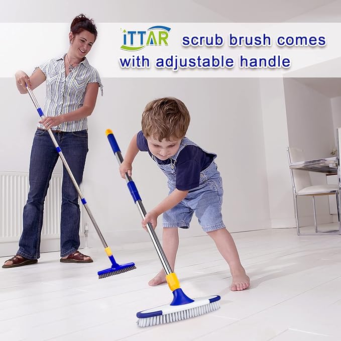 ITTAR Grout & Scrub Brush Combo, Floor Scrubber with Long Handle, Multi-Purpose Stiff Bristles Cleaning Brush Set for Tile, Grout, Deck, Kitchen, Shower Floor (2 Pcs)