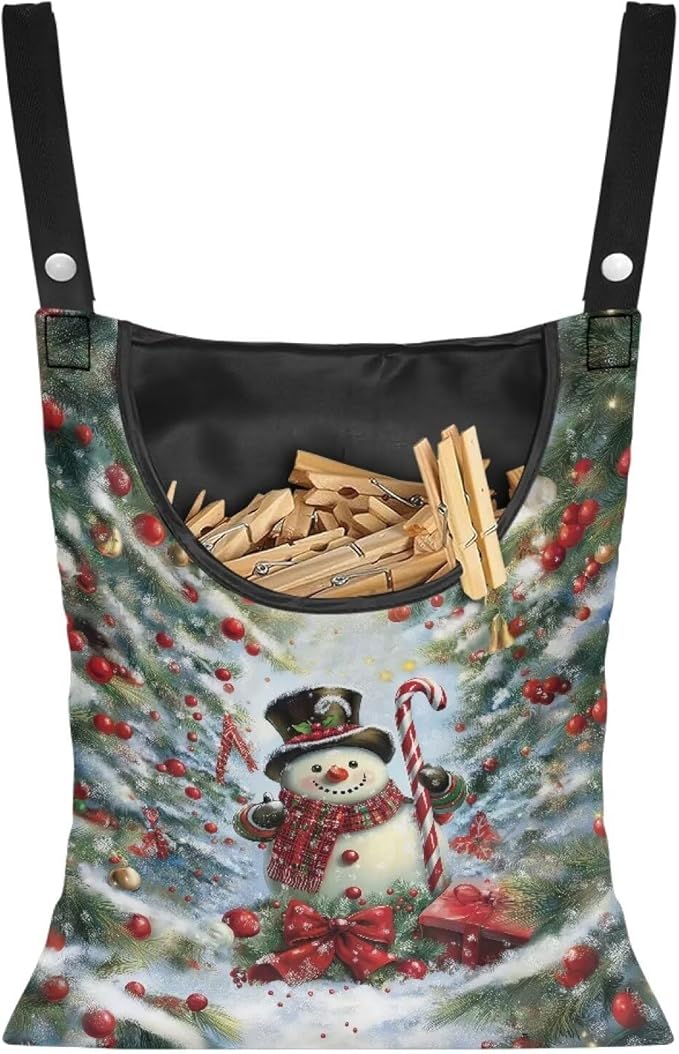 Snowman Clothespin Bag Christmas 2025 Hanging Storage Organizer Clothes Pin Bag Waterproof Laundry Clothespin Bag Clothespin Holder with Hanger Hook for Easy Hang and Large Opening