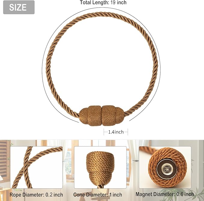 Magnetic Curtain Tiebacks Rope Curtain Tie Backs for Curtains 2 Pack Curtain Holders for Drapes Decorative Window Curtain Holdbacks, Khaki