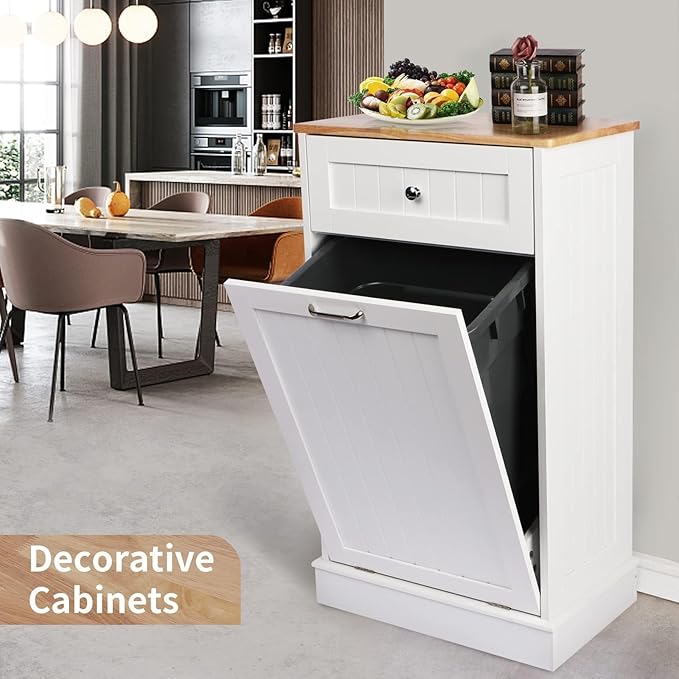Betterhood Tilt Out Trash Cabinet 10 Gallon Wooden Free Standing Laundry Sorter Cabine,Recycling Cabine with Hideaway Drawer,Tilt Out Trash Cabinet Can Bin Kitchen