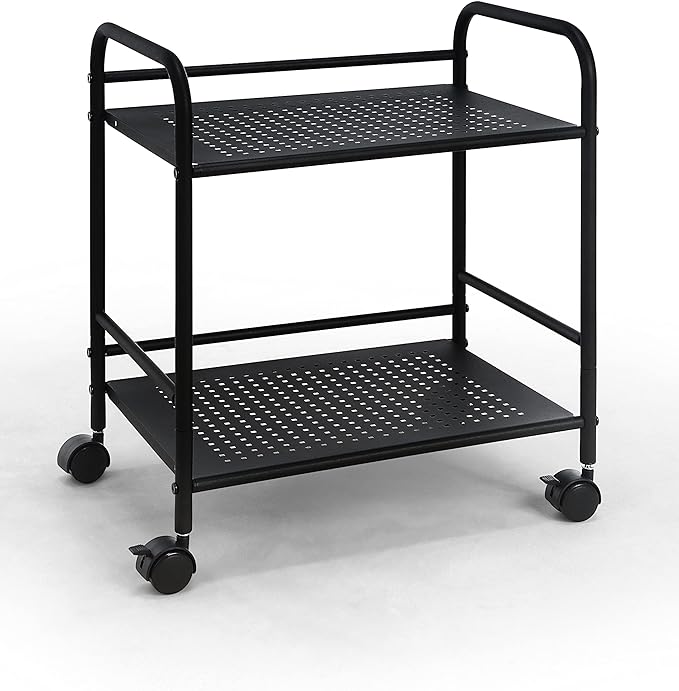 SunnyPoint 2-Tier Metal Rolling Utility Cart – Mobile Storage Shelf with Caster Wheels – Small Space Organizer for Home, Office, Bedroom, Kitchen (BLK)