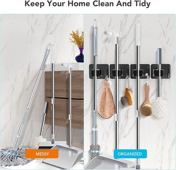 Mop Broom Holder No Drill, Mop Broom Organizer Wall Mounted Heavy Duty with Hooks Hanger, Self Adhesive Stainless Steel 4Pcs for Bathroom, Kitchen, Office (Multicolor)