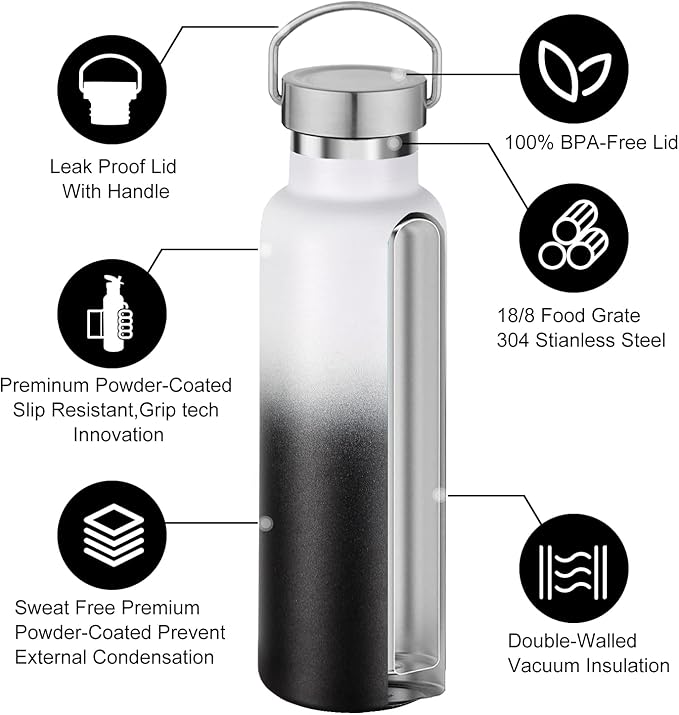 Neihepal Gradient Stainless Steel Water Bottles,20 Ounce Vacuum Insulated Double Wall Travel Bottle with Leak Proof Lid of Handle,Metal Reusable Standard Mouth Flask Thermoses for School,Hikers,Gift