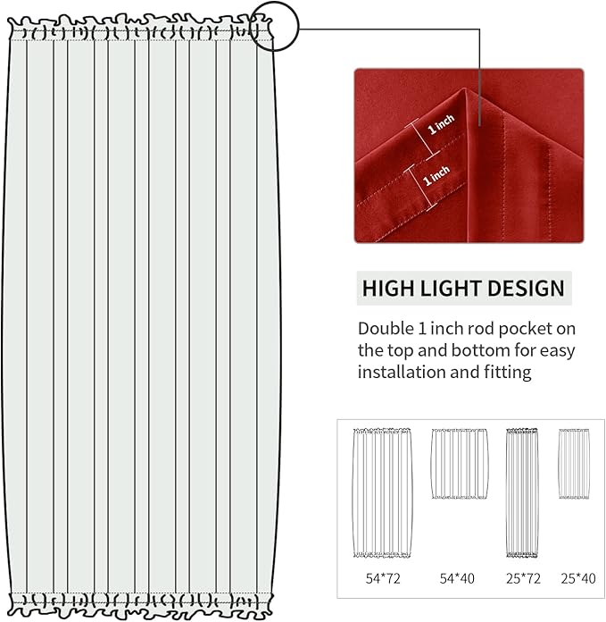 DWCN French Door Curtains – Rod Pocket Thermal Blackout Curtain for Doors with Glass Window, Christmas, Kitchen and Patio Doors for Privacy, 25 X 72 Inches Long, 1 Curtain Panel with Tieback, Red