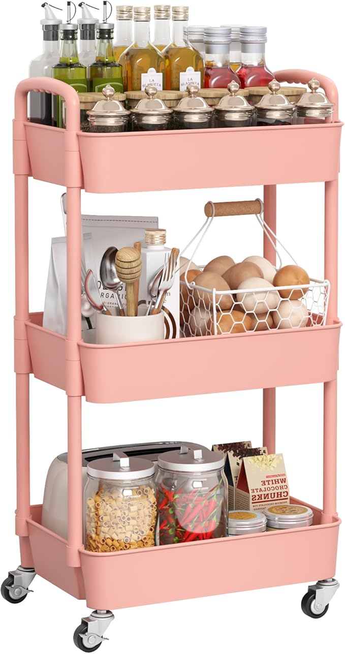 Sywhitta 3-Tier Plastic Rolling Utility Cart with Handle, Multi-Functional Storage Trolley for Office, Living Room, Kitchen, Movable Storage Organizer with Wheels, Pink
