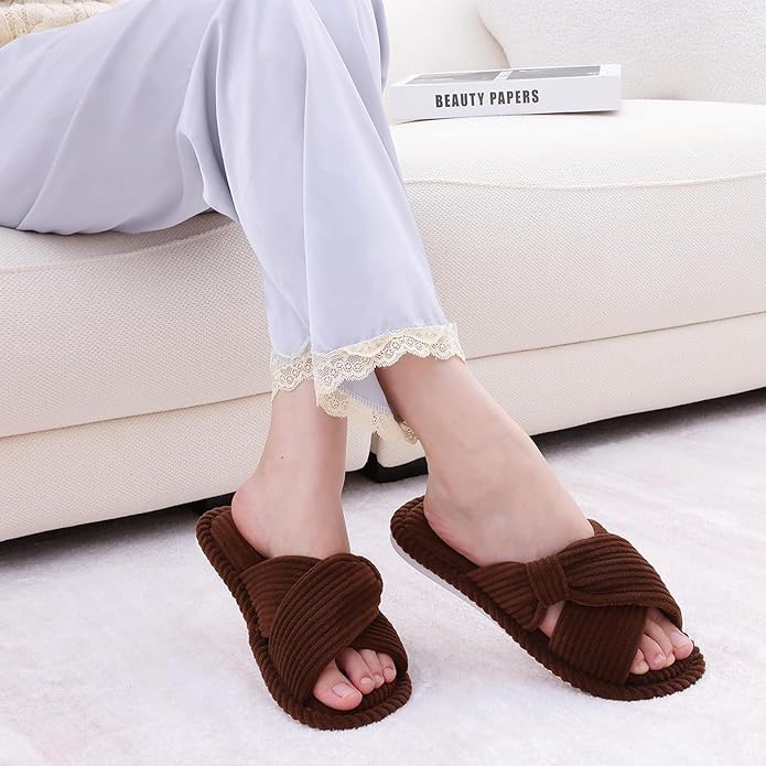Evshine Summer House Slippers for Women Corduroy Cross Bow Indoor Slippers Open Toe Slip On Bedroom Shoes with Memory Foam