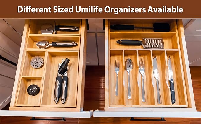 Umilife Drawer Organizer Storage Boxes, 2.5" High Bamboo Drawer Dividers, 3 Rearrangeable Bins for Kitchen, Office Desktop, Clothing, Makeup, vanity, Jewelry