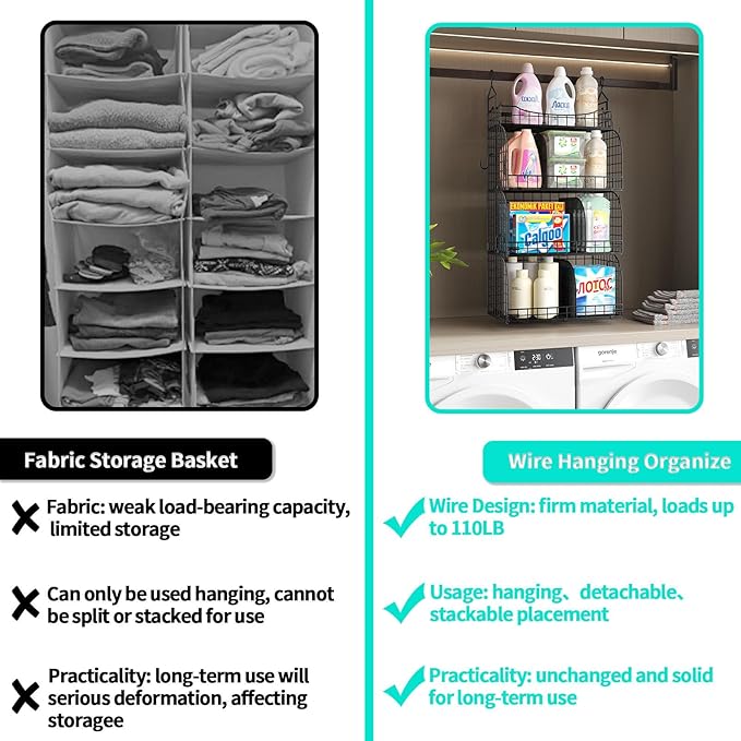 HapiRm Hanging Closet Organizer Storage - 4 Tier Metal Stackable Hanging Closet Shelves with Dividers and S Hooks, Foldable Clothes Shelves for Clothes, Pants, Shoes, Coat, Hats Clutches Accessories
