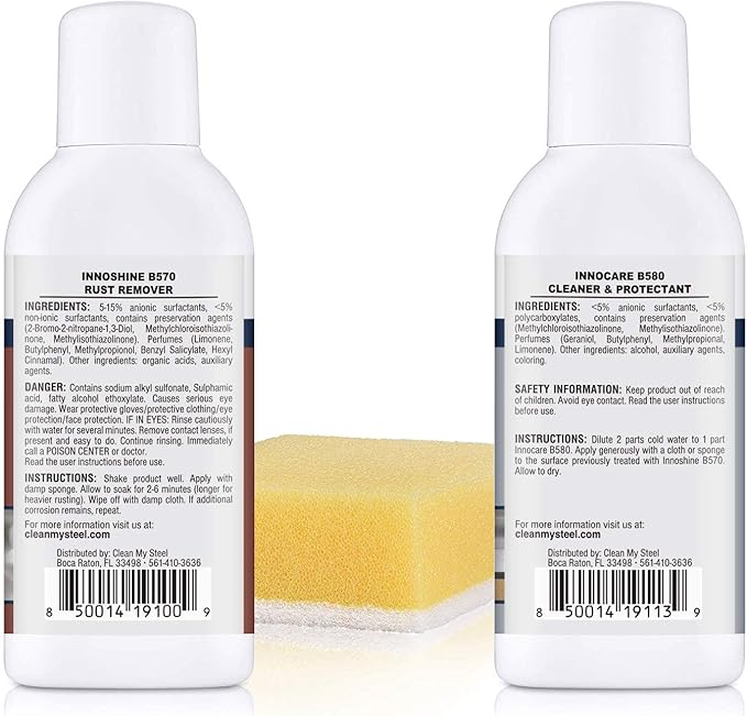 CLEAN MY STEEL – Stainless Steel Rust Stain Remover Kit with Protector – Fast Acting for Commercial Equipment Rust Cleaner for Appliances, Grills & More – Food-Safe Stainless Steel Cleaner (4 oz)
