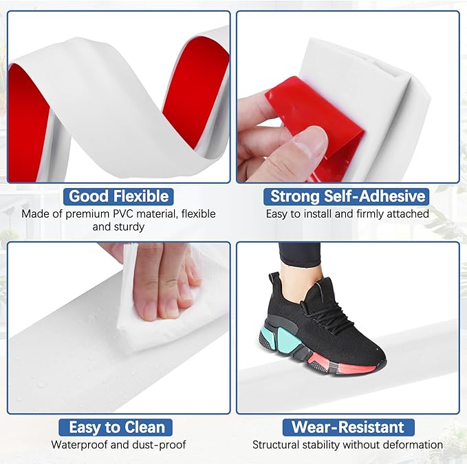 Vinyl Door Threshold Flooring Transition Strip Self Adhesive Carpet Edging Strip for Laminate Doorway Edge Threshold from 2/5" to 3/5" (White, 6.6 Ft)