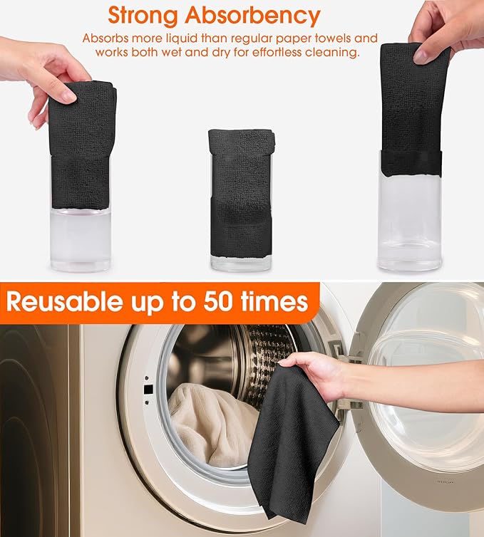Roll of Microfiber Cleaning Cloth –100 Pack, Tear Away Microfiber Towels, Reusable, Washable, Scratch-Free, Cleaning Supplies,Kitchen Towels for Car, Home, Kitchen, Glass, Dishes(Black)