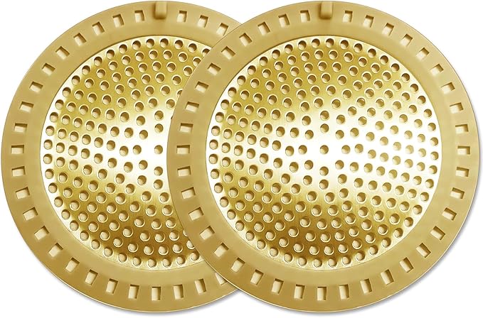 2PCS Hair Catcher Shower Drain/Strainer/Cover/Filter/Trap, Bathtub Drain Cover Hair Catcher, Hair Stopper for Bathroom Sink/Floor Drain, Stainless Steel and Silicone Drain Strainer, Gold