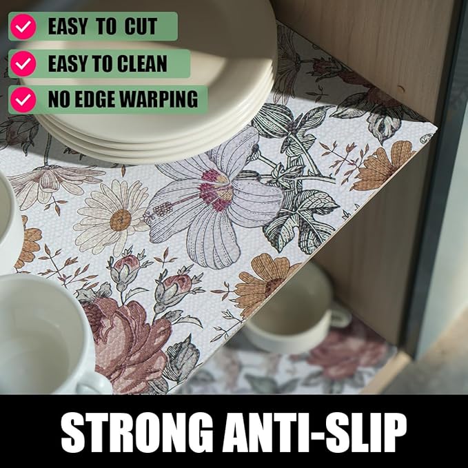 Floral Drawer Shelf Liners, Non Adhesive and Strong Non-Slip Cabinet Drawer Shelf Liners for Kitchen Wire Fridge, Waterproof Shelf Liner,Easy to Clean,12IN x 10FT