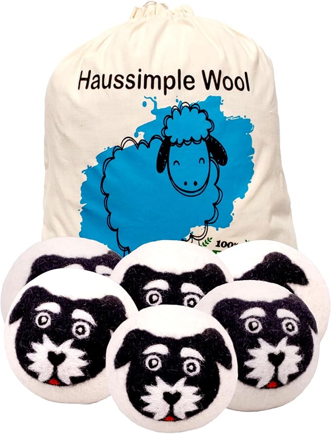 Wool Dryer Balls Organic Felt 6 Pack Laundry Fabric Softener, Extra Large Reusable Handmade Natural Sheep Wool Lint Wrinkle Free Anti Static Baby Safe (Black White Dog)