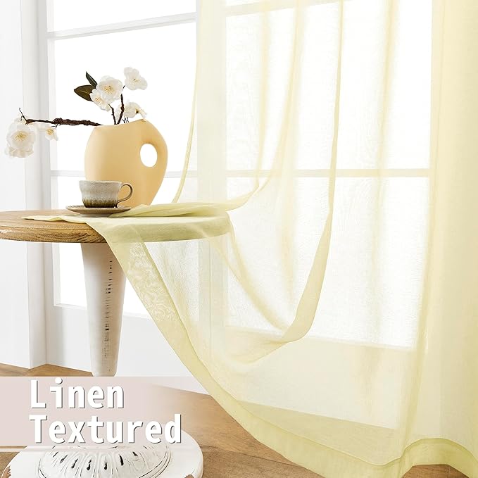 Tollpiz Short Sheer Door Curtain Closet Linen Textured Curtain Sheers Doorway Light Filtering Voile Patio Door Rod Pocket Curtains French Door, 54 x 54 inches Long, Transparent Yellow, Set of 1 Panel