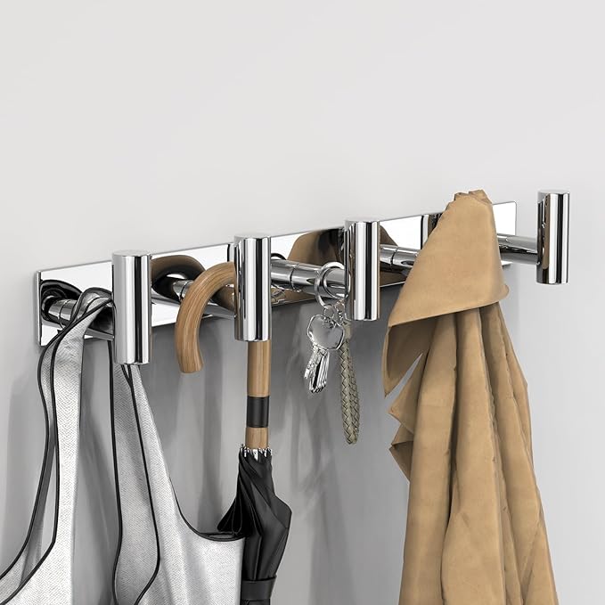 VAEHOLD Hat and Coat Wall Mount Rack - Hooks for Robes, Bags, Keys, and Towels - Bathroom Towel Hanger Organizer (Polished Chrome, “T“ Shape 5 Hooks 2 Pack)