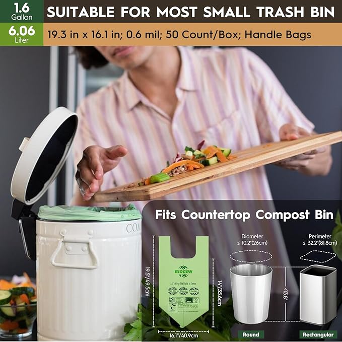 Compostable Trash Bags 1.2-1.6 Gallon Handle Tie 50 Count 0.6 Mil 6.06 Liter Small Compost Bags for Countertop Bin Biodegradable Bags Green for Kitchen ASTM D6400 & BPI Certified, OK Compost Home