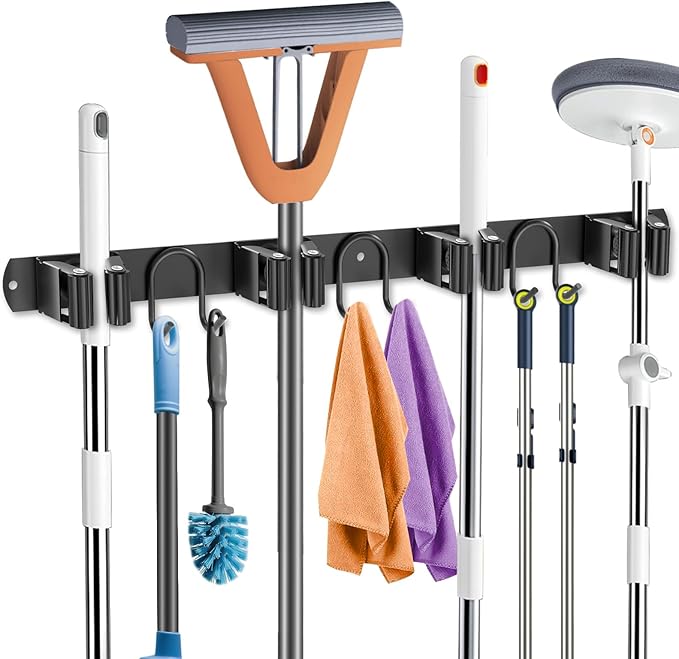 Mop Broom Holder Wall Mount, Black Stainless Steel Tool Storage Organizer for Kitchen Garden Garage Laundry Room Bathroom and RV with 4 Slots 6 Hooks