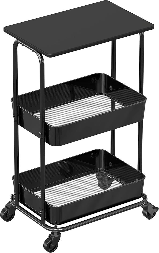 Simple Houseware 2-Tier Rolling Utility Cart with Lockable Wheels and Wood Top, Metal Storage Organizer Trolley for Kitchen, Bathroom, Office, Craft Room, Black