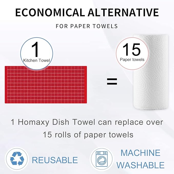 Homaxy 100% Cotton Terry Kitchen Towels(Red, 13 x 28 inches), Checkered Designed, Soft and Super Absorbent Dish Towels, 8 Pack