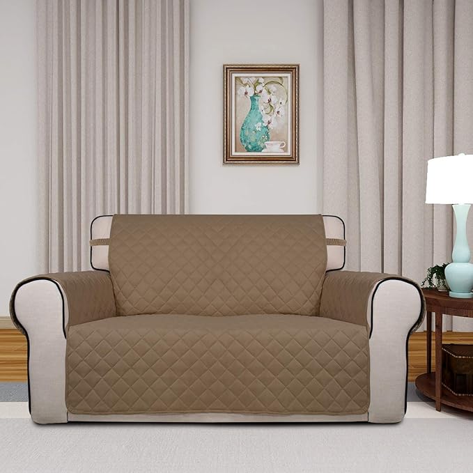 PureFit Reversible Quilted Sofa Cover, Water Resistant Medium Slipcover Furniture Protector, Washable Couch Cover with Non Slip Foam and Elastic Straps for Kids, Dogs, Pets (Loveseat, Camel/Ivory)