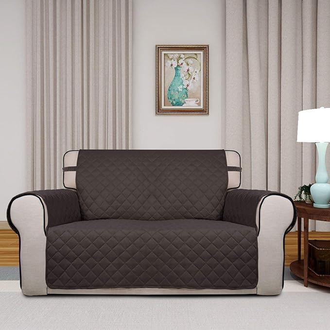 PureFit Reversible Quilted Sofa Cover, Water Resistant Medium Slipcover Furniture Protector, Washable Couch Cover with Non Slip Foam and Elastic Straps for Kids, Dogs, Pets (Loveseat, Chocolate/Beige)