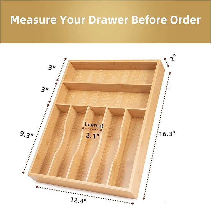 Silverware Organizer Kitchen Drawer Organizer Utensil Organizer Bamboo Silverware Holder Cutlery Organizer in Drawer Flatware Organizer Tray(7 slots, Natural