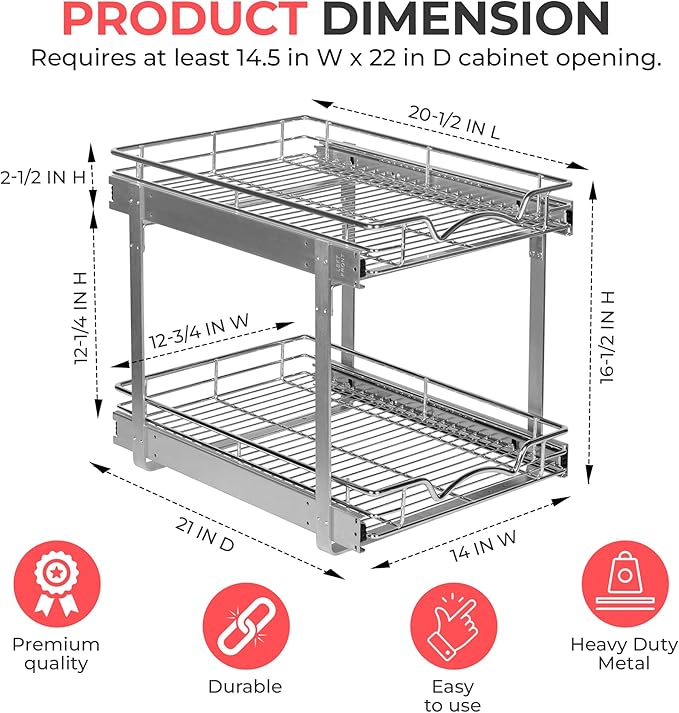 HOLDN’ STORAGE Two Tier Pull Out Cabinet Organizer, Individual Sliding Drawers - Heavy Duty Metal with Lifetime Limited Warranty - Anti Rust Chrome Finish - 14" W x 21”D x 16.5" H