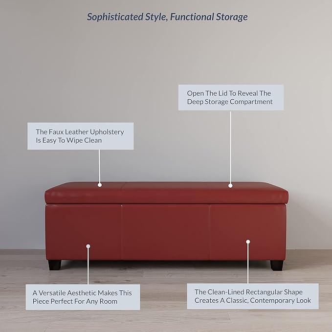 BELLEZE Storage Faux Leather Ottoman, 47 Inch Bench Bedroom Bench with Safety Close Hinge, Extra Long Ottoman with Storage for Living Room, Entryway, Hallway, Foot Rest, Support 300lbs - Red