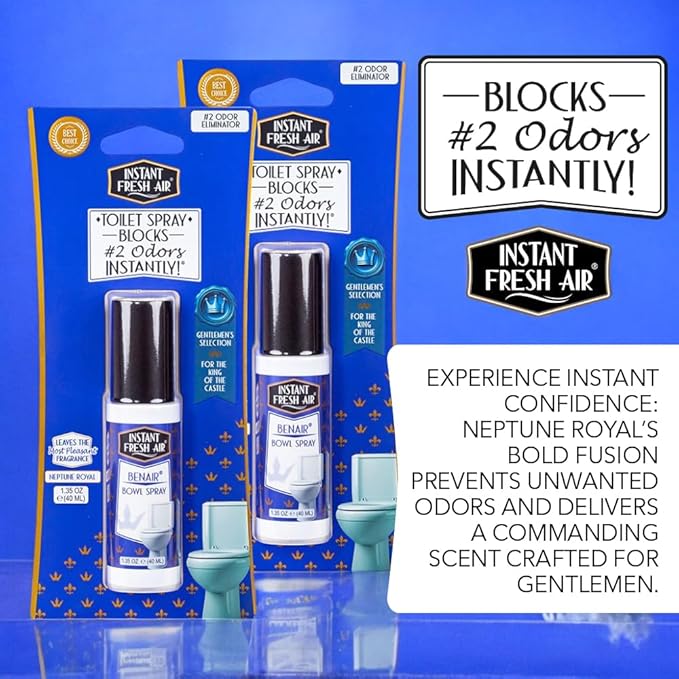 2-Pack: Superior Toilet Spray for Men with Instant Odor Elimination, Neptune Royal Fragrance, Odor Eliminator Bathroom Spray, Travel Size, Long-Lasting, Eco-Friendly, 1.35 Oz. - INSTANT FRESH AIR