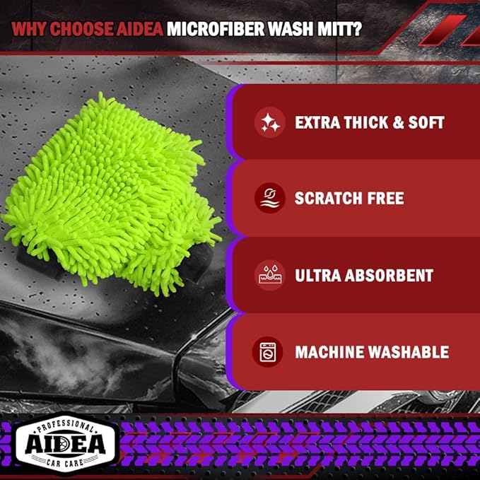 AIDEA Car Wash Mitt Microfiber, 1PK-Scratch-Free& Lint-Free, Premium Chenille Microfiber Mitt Car Wash Brush-Green Regular Size (7.12''X10.14'')