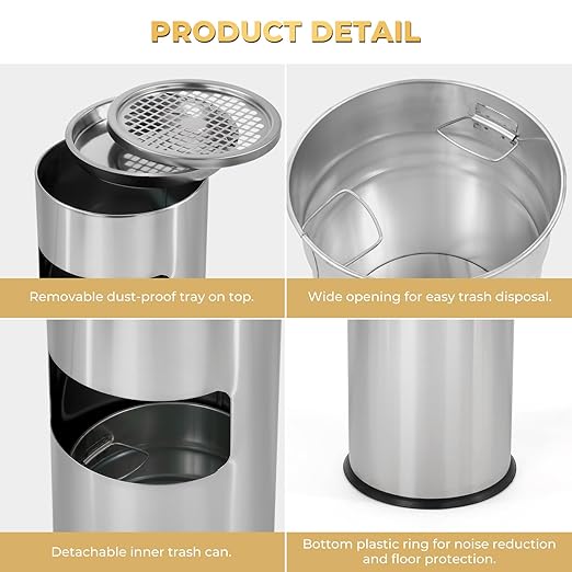 Trash Can Outdoor Waste Container Round Stainless Steel Trash Can with Removable Inner Bucket for Disposal Commercial Waste Container 9.8‘’ x 24‘’- Silver