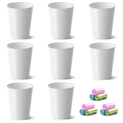 Bathroom Trash Can, 8 Pack 1.8 Gallons Small Trash Can with Trash Bags, Bathroom Garbage Can, Plastic Trash Bin, Round Waste Basket for Bedroom, Office, Kitchen, Room, Compact Space (White)