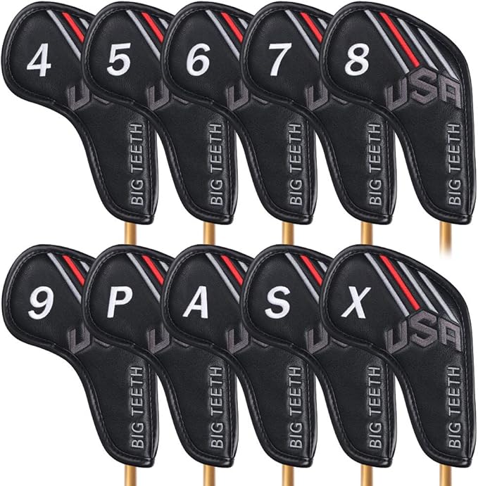 Big Teeth Golf Cover USA Stripe and Star Headcover Covers, Driver Fairway Wood Hybrid Headcovers Fits Blade Mallet Putter Iron and Woods with Magnetic Club Protector Pu Leather Golf Accessories