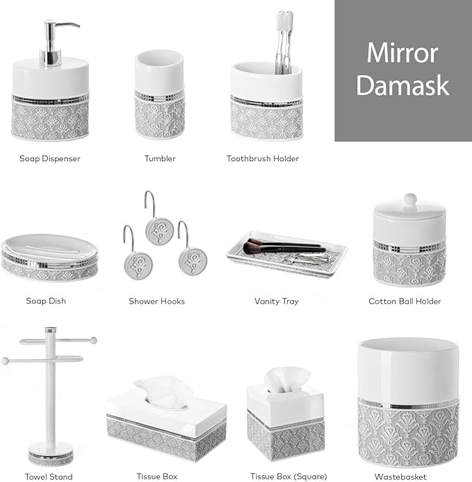 Creative Scents Mirror Damask Grey and White Soap Dispenser, Decorative Hand Soap Dispenser for Bathroom - Modern Countertop Lotion Dispenser with Durable Pump for Elegant Bathroom Decor