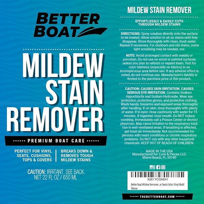 Stain Remover Cleaner, 22 Fl Oz, for Boat Seats, Fabric, Canvas, Carpet, and Vinyl, Removes Stains from Boats, RVs, Cars, Bathrooms, Shower Walls, Patio Furniture, and Pillows, Spray Formula