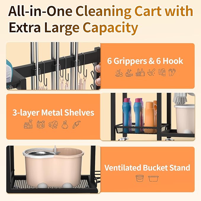 Cleaning Supplies Organizer with Broom Holder Load 350 LBS Cleaning Cart with Wheels Broom Closet Storage with 3-Tier Shelves, 6 Mop Hanger Grippers, 3 Double-Hooks, Vacuum Stand for Laundry Garage