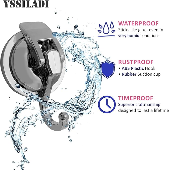 Heavy Duty Vacuum Suction Shower Hooks - Glass Suction Cup Hooks, Bathroom Robe Hooks, Reusable, No Hole Punched, for Garland Decoration (Silver Grey, 4 Pack)