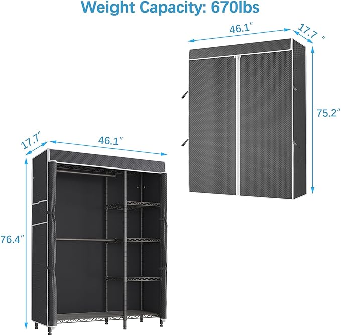 VIPEK V7C Garment Racks with Cover Portable Closets for Hanging Clothes, Heavy Duty Clothes Rack with Shelves Metal Closet Wardrobe, Max 670lbs, Black Rack with Black Upgraded Polyester Cover