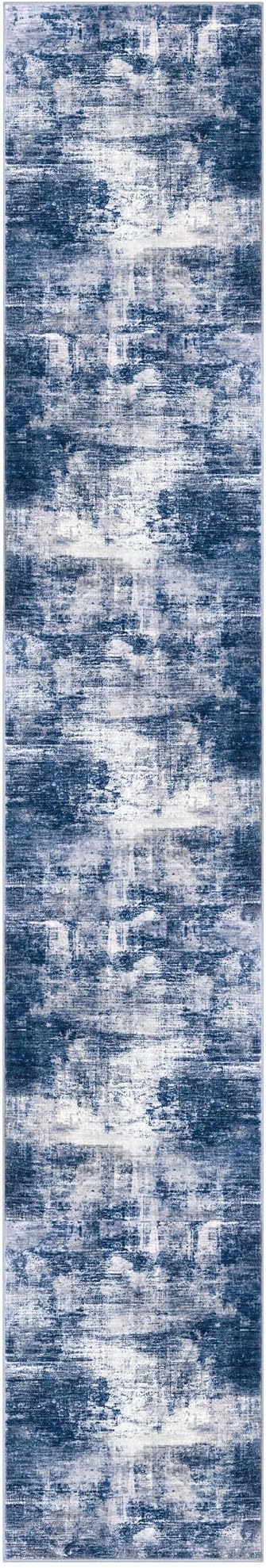 IOHOUZE Abstract Runner Rug 2x12 Ft Washable Runners for Hallways, Non Slip Kitchen Runner Printed Faux Wool Entryway Runner Indoor, Modern Abstract Floor Carpet for Hall Kitchen, Navy/Grey