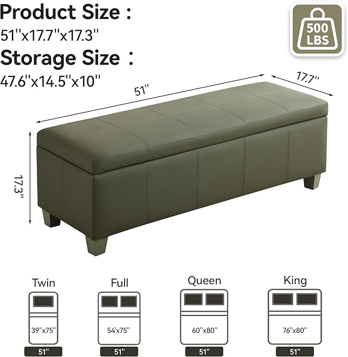 51" Faux Leather Storage Ottoman, Stitch Tufted Rectangle Upholstered End of Bed Storage Bench, Entryway Large Couch Ottoman with Wooden Legs,Green