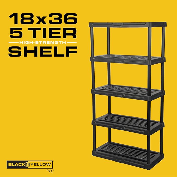 CX 5-Tier (72”H x 36”W x 18”D) Plastic Storage Shelving Unit (Black) 2 Pack, Heavy Duty, 150lbs Per Shelf Capacity, Indoor/Outdoor Storage Organization in Home, Garage, Office, Easy Assembly