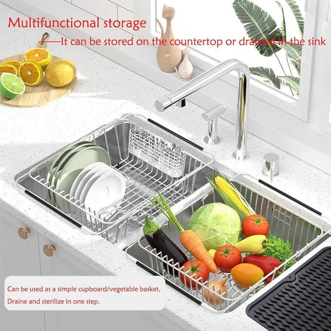 Stainless Steel Dish Drying Rack(15.2"L X 11"W X 5.3"H), Expandable Fruit & Vegetable Drain Rack over Sink, Dish Drainer Rack in Sink, with Stainless Steel Utensil Holder & Silicone Mat(16")