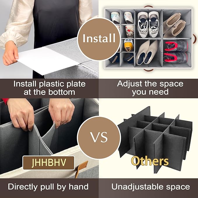 1 Pack Shoe Organizer for Closet, Adjustable Shoe Box Storage Containers, Large Foldable Shoe Bins with Clear Cover, Space Saving Shoes Holder with 4 Handles, Fits 12-24 Pairs, Beige