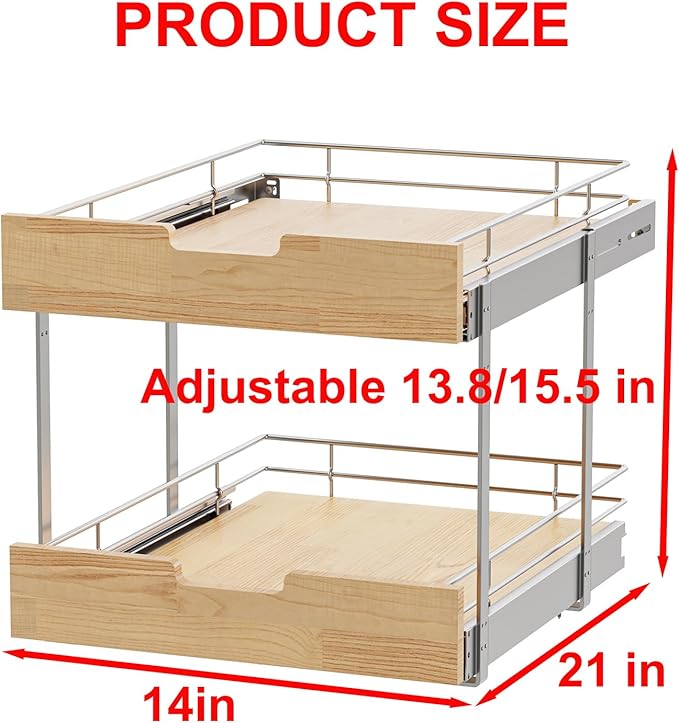 Pull Out Cabinet Organizer,Heavy-Duty Slide Out Shelf, Wood and Wire Basket, Pull Out Drawer for for Kitchen Under Sink Space, Pantry, Bathroom, 2 Tie 14 * 21 in