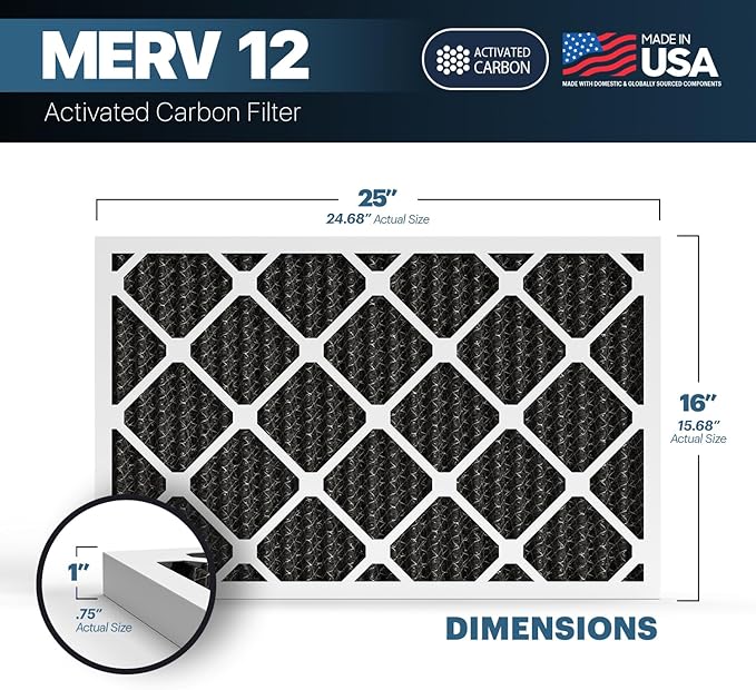 BNX TruFilter 16x25x1 MERV 12 Odor Defense (2-Pack) AC Furnace Air Filter with Activated Carbon - MADE IN USA - Pleated Air Conditioner HVAC AC Furnace Filters - Removes Odor, Mold, Bacteria, Smoke