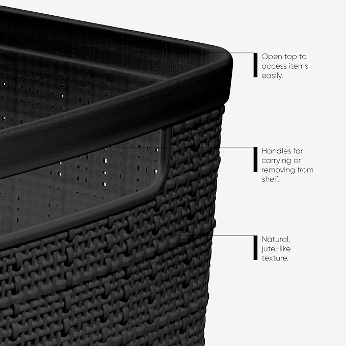 Curver Set of 4 Jute Large Cube Decorative Plastic Organization and Storage Baskets, Perfect Bins for Home Office, Closet Shelves, Kitchen Pantry and All Bedroom Essentials, Black
